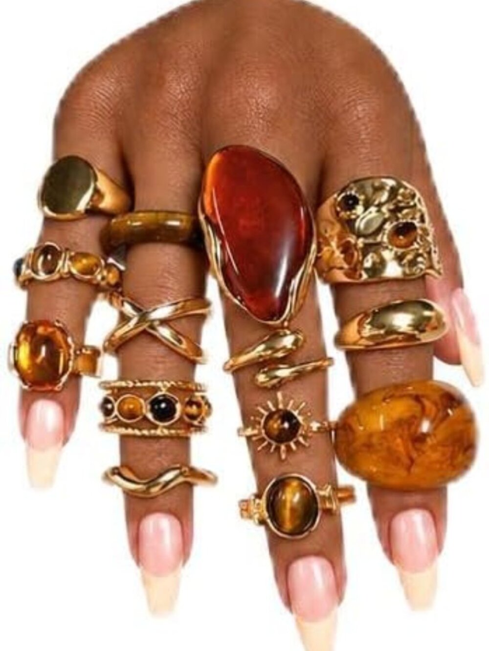 Chunky Gold Rings Set for Women with Tiger's Eye & Turquoise Stones - Boho Style
